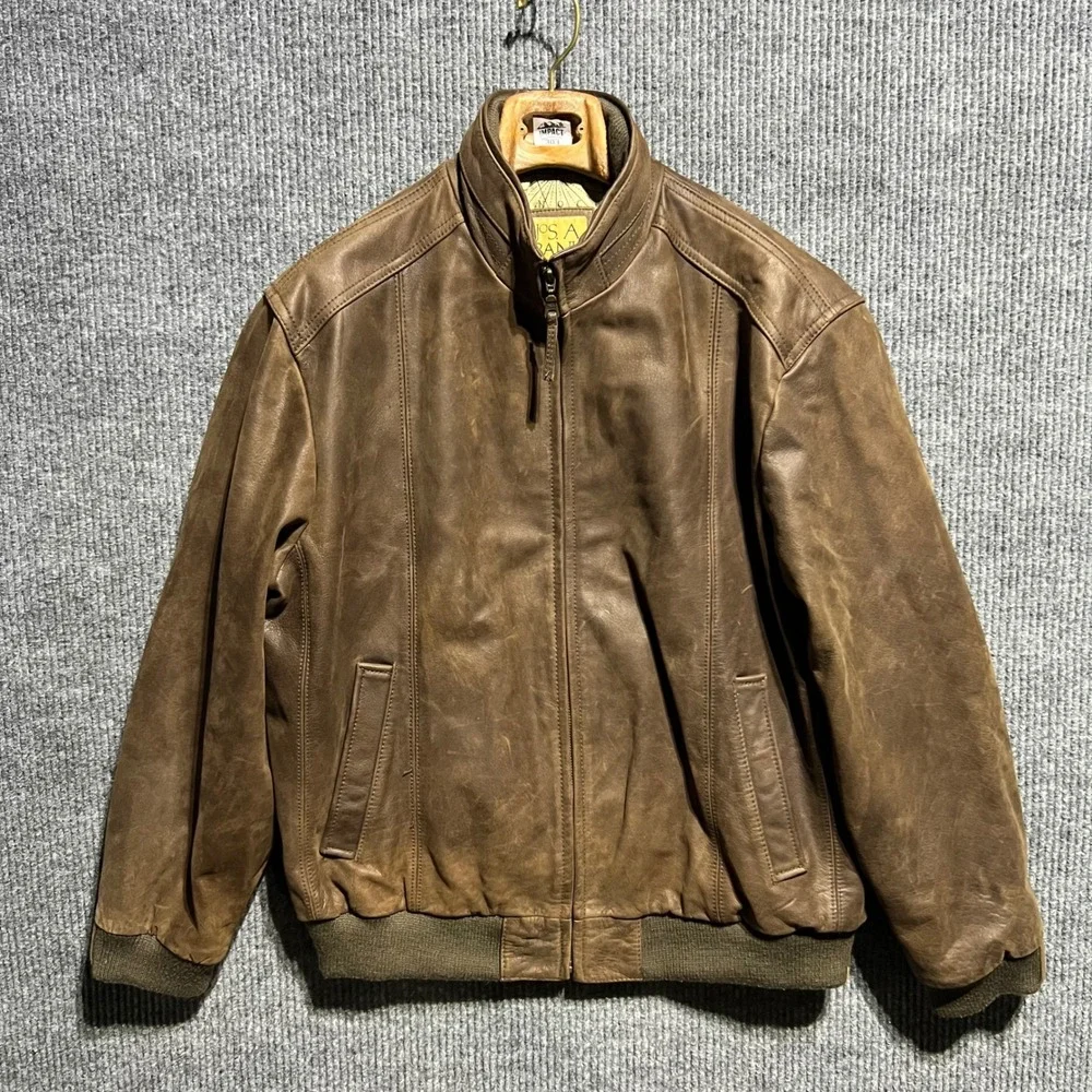 Jos A Bank Leather Bomber Jacket Mens L Brown Flight Map Lining Full Zip Casual